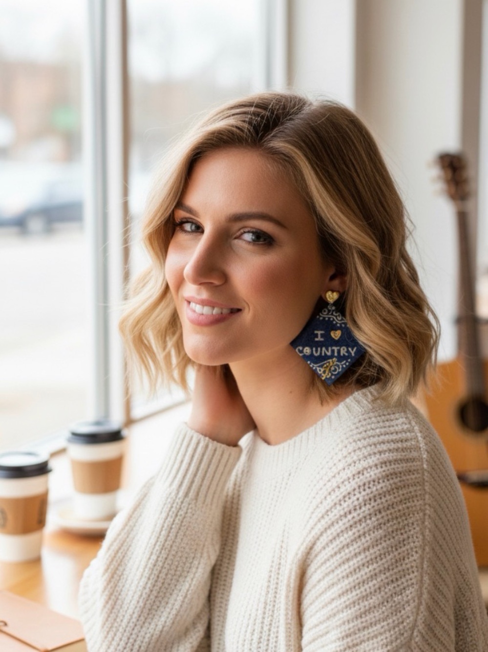 Blue 'I ♥ Country' Square Earrings